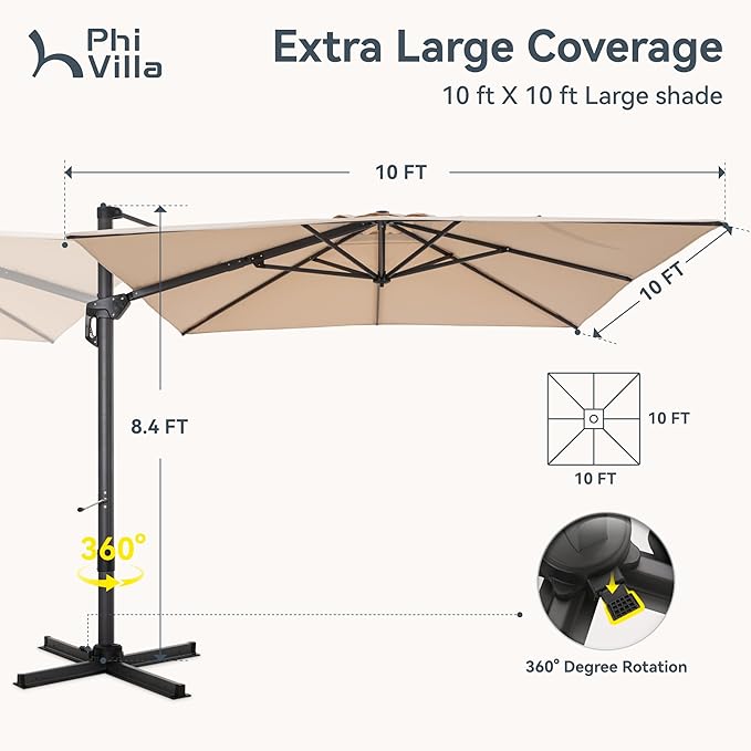 PHI VILLA 10ft Cantilever Patio Umbrella with Crank Handle, 7-Level Tilt & 360° Rotation, Aluminum Square Outdoor Offset Umbrella Windproof & Crashproof for Garden, Deck, Pool (Beige)