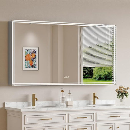 Buruis 60'' x 32'' Medicine Cabinet with Lights and Mirrors, Recessed or Wall Mounted Modern Bathroom Cabinet with 3-Mode Light, Anti-Fog, Dimmable, Memory Function, Outlet, Silver