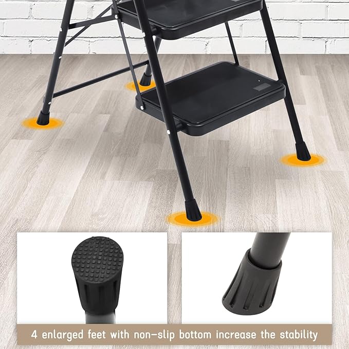 Wiberwi 3 Step Ladder Folding Step Stool for Adults with Top Handrail 330 Lbs Capacity, Lightweight & Portable Step 3 Stool Ladders with Wide Pedal for Home Kitchen Sturdy Steel Frame Black