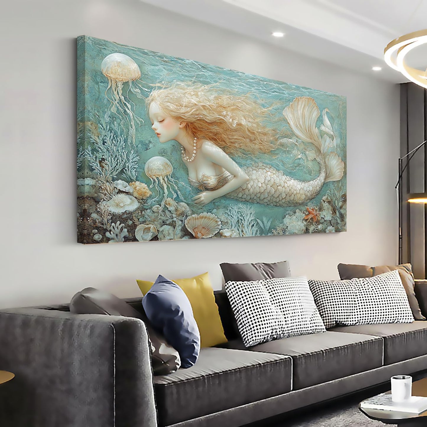 LASMOND Ocean Mermaid Wall Art for Girls Room Modern Canvas Prints Marine Organism Underwater World Sea Creatures Artwork Paintings Women Bedroom Wall Decor (58x28 Inches)