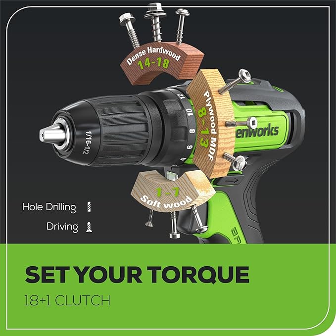 Greenworks 24V Brushless Cordless Drill Kit, 310 in./lbs, 18+1 Position Clutch, 1/2 '' Keyless Chuck, Variable Speed, (2)2Ah Batteries with 2A Charger, LED Light, 8pcs Drill Bits with Tool Bag