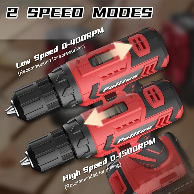 PULITUO Cordless Drill Set, 20V Electric Power Drill with Battery And Charger, 30N.m and 21+1 Torque, 2 Variable Speeds, with 59pcs Drill Driver Bits Kit, Screws Set，(Red)