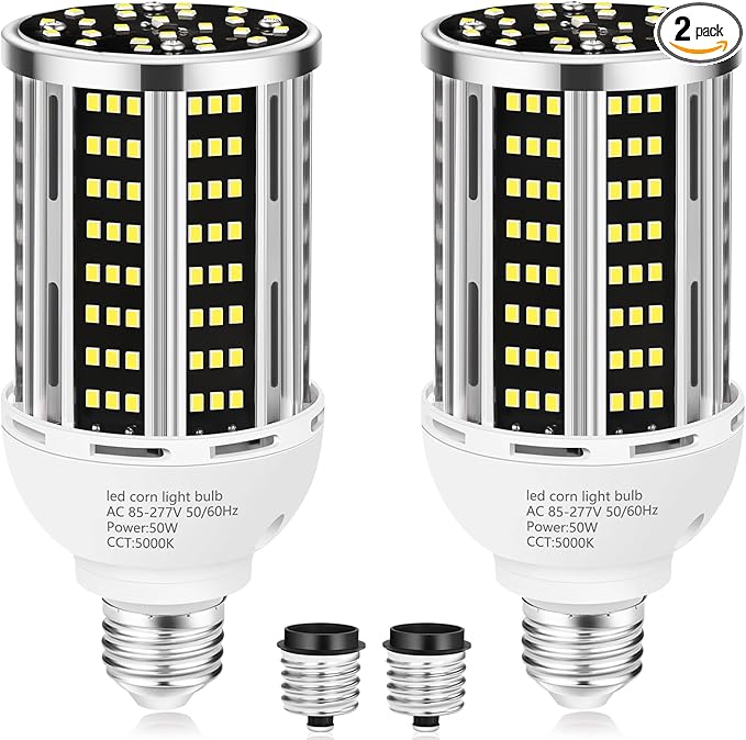 50W 2 Pack LED Corn Light Bulb,5000K Daylight 6500LM(500W Equivalent) Commercial GradeE26/E39 Medium Mogul Base LED Lamp,Large Area Lights for Outdoor Indoor Garage Warehouse Factory Bay Light
