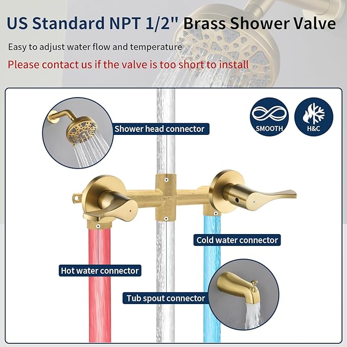 2 Handles Shower Faucet Set with Tub Spout Bathtub Shower Faucet Combo Set Shower System Complete Tub and Shower Trim Kit Wall Mounted Shower Fixtures Brushed Gold
