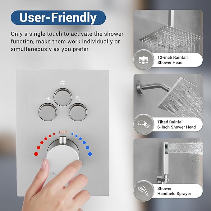 Thermostatic Dual Shower Heads System with Ceiling 12-Inch Rainfall Shower & Wall Mount 6-Inch High Pressure Shower Head, Brushed Nickel Bathroom Shower Faucet Set with Handheld Sprayer