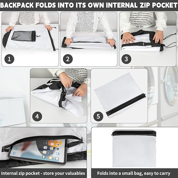 Laundry Bag Backpack with Shoulder Straps and Mesh Pocket Foldable Laundry Hamper for College, Apartment, Laundromat (White)