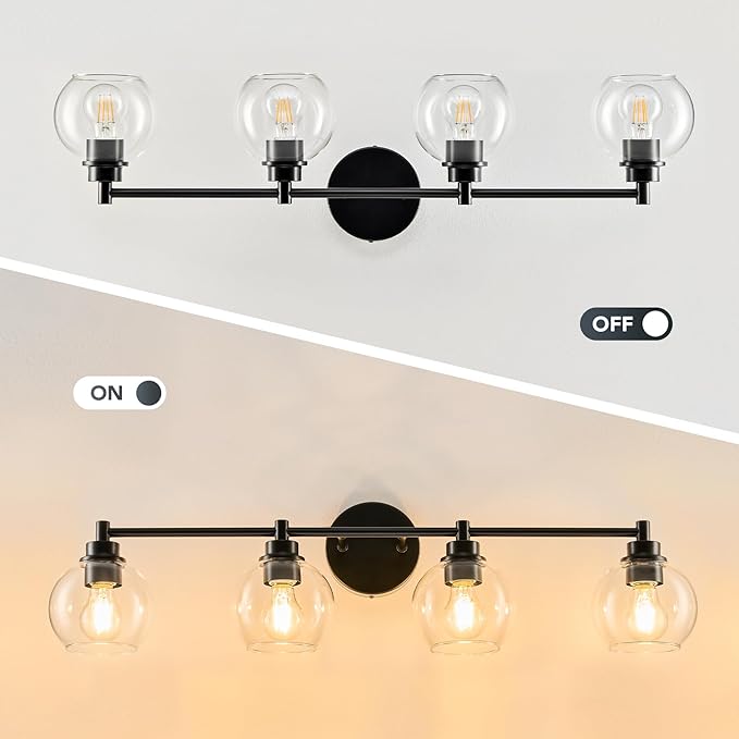 VONLUCE Bathroom Light Fixtures, 4-Light Bathroom Vanity Light with Globe Glass Shades E26 Sockets, Vanity Lights Over Mirror for Bedroom Hallway Living Room, Black Finish
