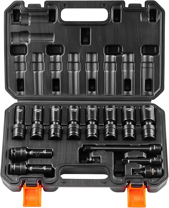 VEVOR 14PCS Universal Impact Socket Set - 3/8" Drive Deep Metric 10-19mm 6 Point - Swivel Socket with Flexible Wobble, CR-MO, Metric, Storage Case
