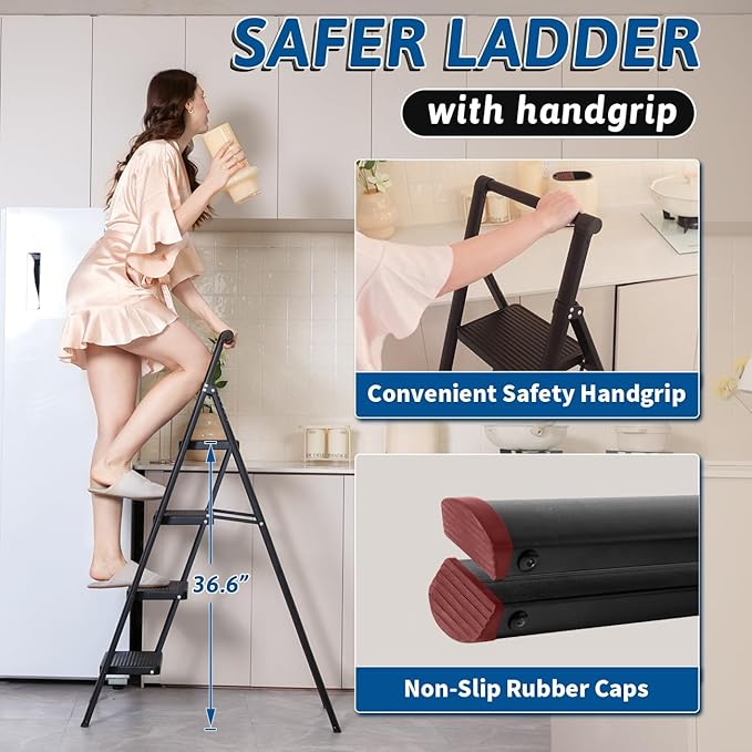 Double Elite Step Ladder 4 Step Folding with Handgrip, Safer 330 Lbs Load Folding Step Stool, Convenient Small Step Ladder with Tool Bag, Sturdy Ladders for Adults with Wide Pedals, Black