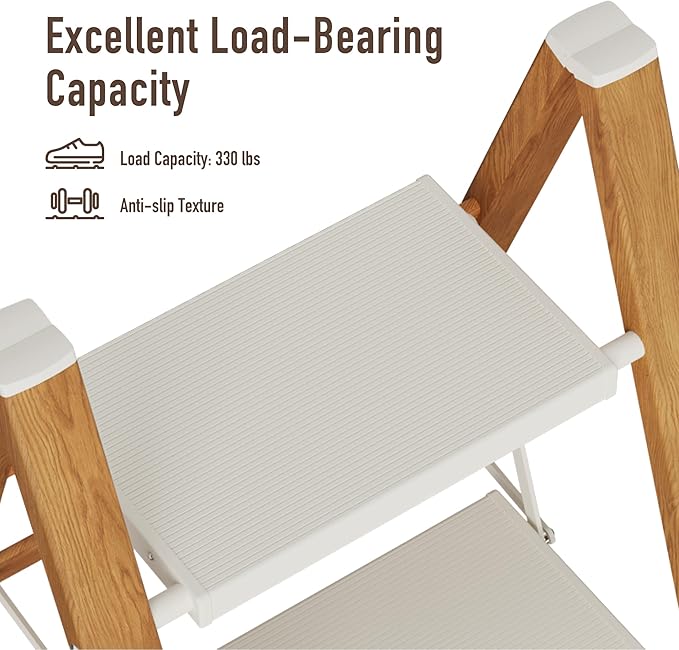 2 Step Lightweight Aluminum Folding Ladder, Portable Step Stool with Anti-Slip Pedals, 330 lbs Capacity for Home, Office, Kitchen（White&Woodgrain）