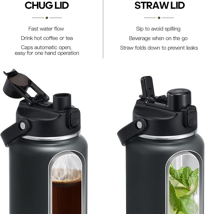 Half Gallon Insulated Water Bottle with 2-in-1 Lid (Chug Lid/Straw Lid), 40/64oz Double Walled Vacuum Stainless Steel Water Bottles, Water Jug with Straw