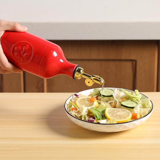 Sweejar 16 Oz Ceramic Olive Oil Dispenser Bottle, Oil Dispenser for Kitchen with Gravity Spout, Relief Opaque Vinegar Container for Evoo, Soy Sauce, 1 Pack(Red, Gold Spout)