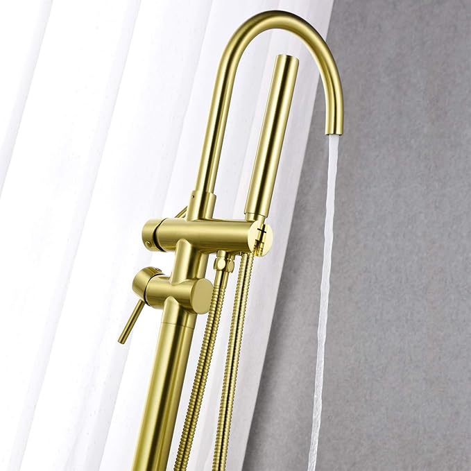 Freestanding Tub Filler Bathtub Faucet Brushed Gold Floor Mounted Brass Faucets with Handheld Shower