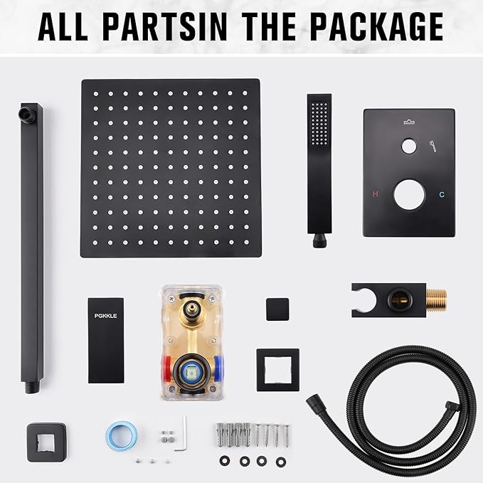 10 Inch Rainfall Shower System - Wall Mounted Complete Combo with Solid Brass Pressure Balancing Valve, High Pressure Shower Head, Handle Set & Installation Accessories Matte Black