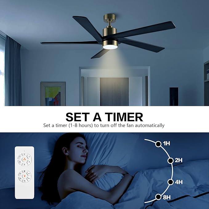 WINGBO 54 Inch DC Ceiling Fan with Lights and Remote Control, 5 Reversible Carved Wood Blades, 6-Speed Noiseless DC Motor, Modern Ceiling Fan in Brass Finish with Black Blades, ETL Listed