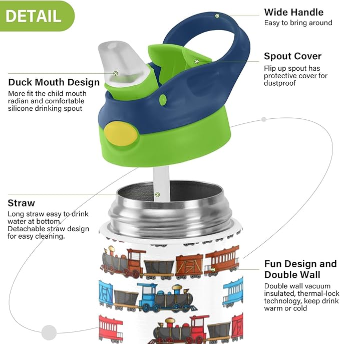 Colorful Truck Trains Railroad Kids Water Bottle with Straw Insulated Stainless Steel BPA-Free Sport Bottles for Boys Girls Toddlers 12 oz Green Lid
