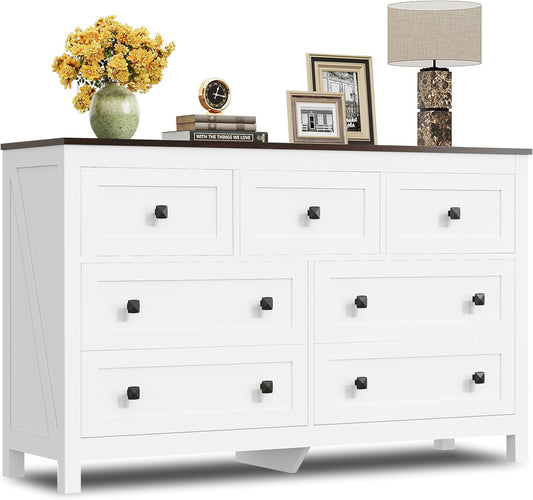 WLIVE Farmhouse Dresser for Bedroom, 51.18'' Wide 7 Drawer Wood Dresser, White TV Stand for 65 inch TV, Wooden Chest of Drawers for Bedroom, Modern Clothes Organizer for Living Room, Hallway