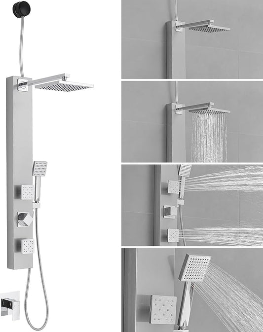 BWE Shower Panel with Rainfall Shower Head 3-Function Faucet Stainless Steel Wall Mount Retrofit Shower System with 2 Body Massage Jets and Handheld Shower,Brushed Nickel