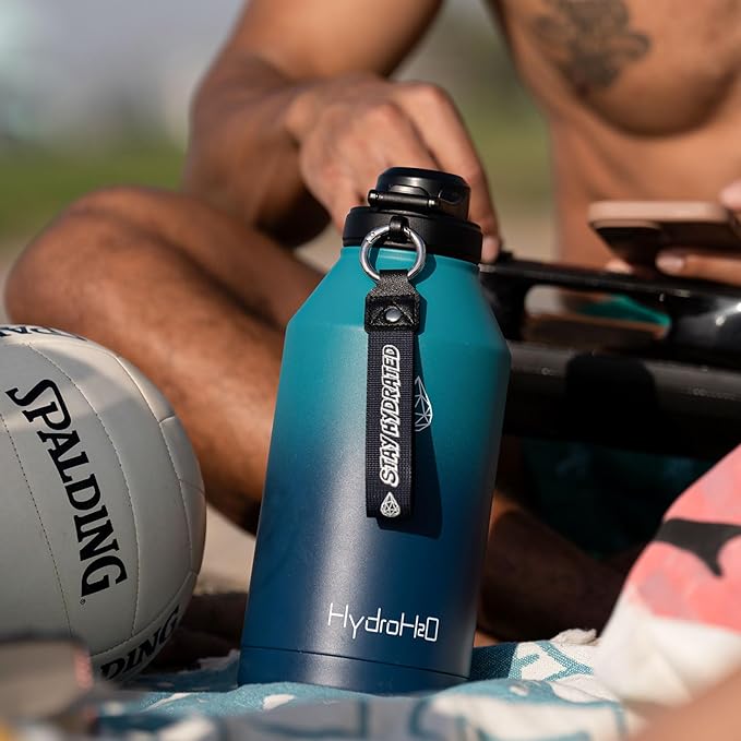 64 oz Insulated Water Bottle With Straw Pop-up & Auto Spout Lid, Flex Handel, Waterbottle Strap Carrier, Half Gallon Stainless Steel Water jug (Indigo Gradient)