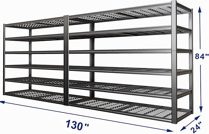 65" W Garage Shelving Heavy Duty, 6 Tier Garage Shelves, Adjustable Storage Shelving Unit, Commercial Metal Shelf for Warehouse, Pantry, School, Shop, 2 Pack