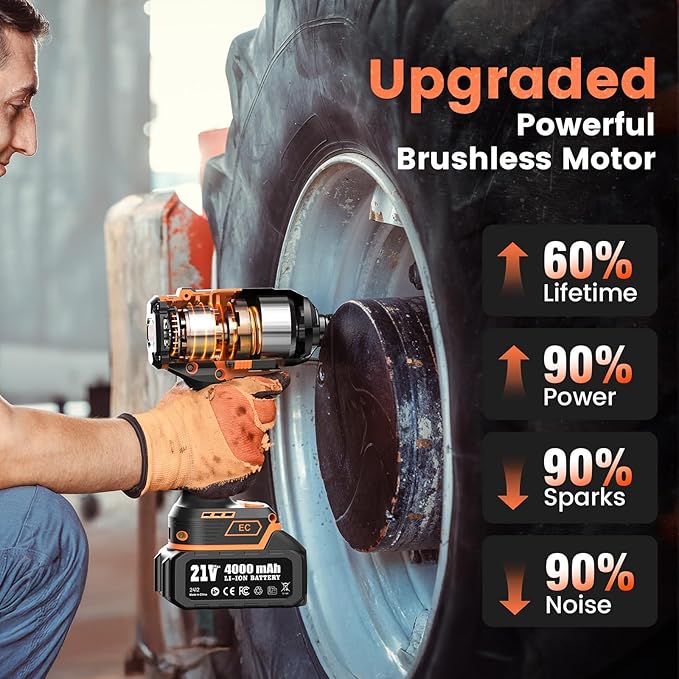 Cordless Impact Wrench 1/2“, 1110 Ft-lbs(1500 N.m) Brushless High Torque Impact Gun, 2 * 4.0 Ah Batteries, Fast Charger, Socket Sets, Lug Nuts Removal Electric Impact Driver for Car Mower Truck Gift