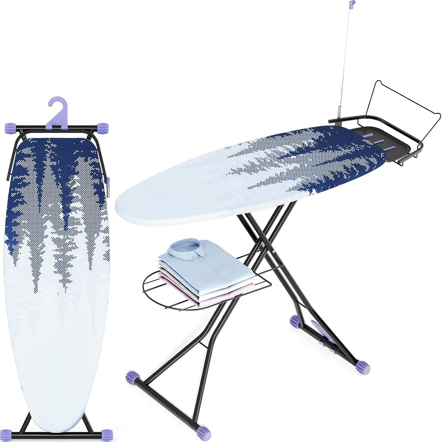 Full Size Ironing Board, 18x51 Iron Board with Metal Panel Stretchable Iron Rest, Adjustable Height Heavy Duty Heat & Scorch Resistant Cover Ironing Board, for Home, Laundry, Purple