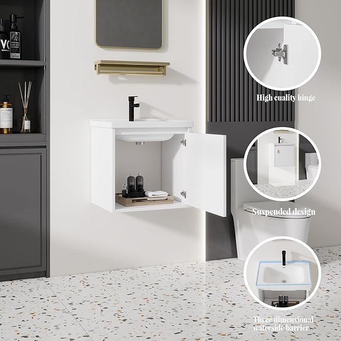 20'' Bathroom Vanity with Ceramic Sink Combo, Wall Mounted Small Bathroom Vanity with Soft-Close Door Modern Floating Cabinet, Pop-up Drain, P-Trap Included, White(No Faucet)