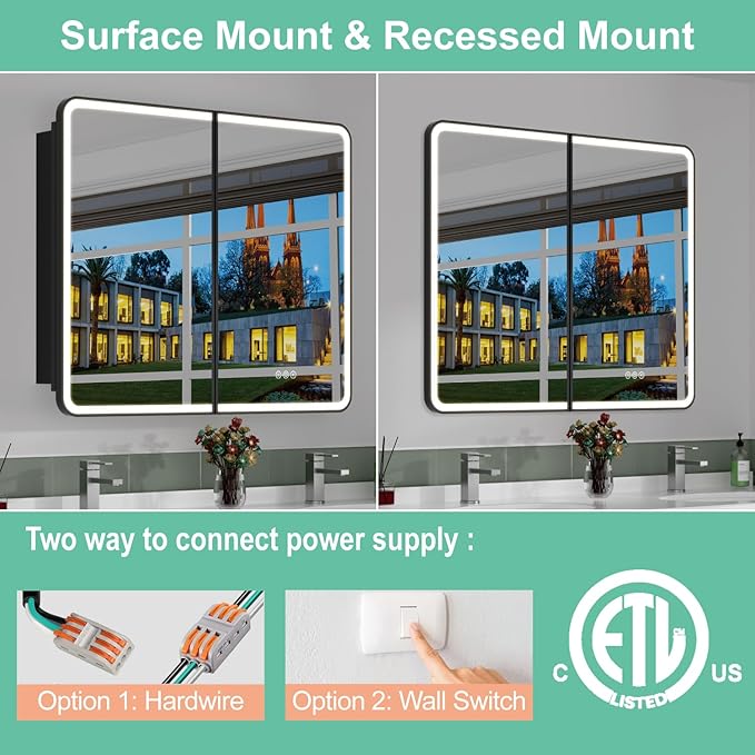 36x30 Inch Medicine Cabinet with Mirror, Recessed or Surface Mount Bathroom Medicine Cabinet with LED Lights, Anti-Fog, Memory Function, Adjustable Shelf, Dimmable Light, ETL Listed, Black