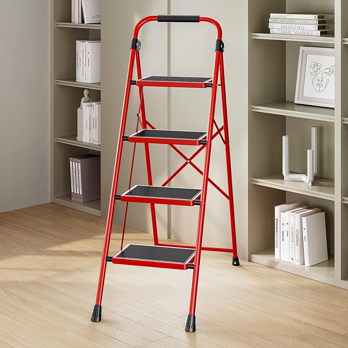 KINGRACK 4 Step Ladder, Folding Step Stool with Anti-Slip and Wide Pedal, Lightweight Stepladder with Handrails, Portable for Kitchen, Household, Red
