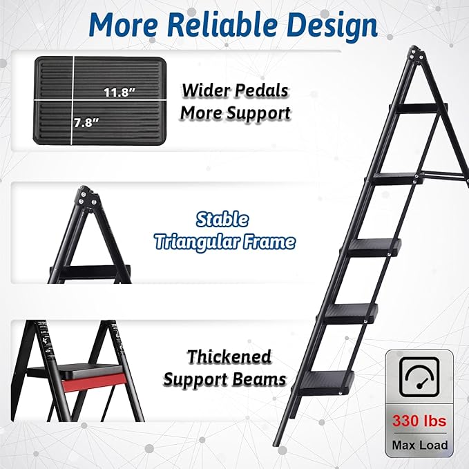 Double Elite Step Ladder 5 Step Folding, Sturdy 330 Lbs Load Small Step Stool for Adults, Safer Full Steel Multi-use Kitchen Ladder for Home/Closet, with Anti-Slip Wide Pedals, Black