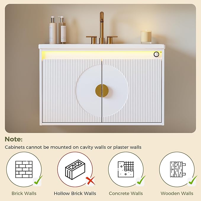 IRONCK Floating Bathroom Vanity with Sink, Mirror Medicine Cabinet, LED Strip Light, 30 Inches Modern Wall Mounted Sink Cabinets & Mirror Cabinets Set with Large Storage Space, White