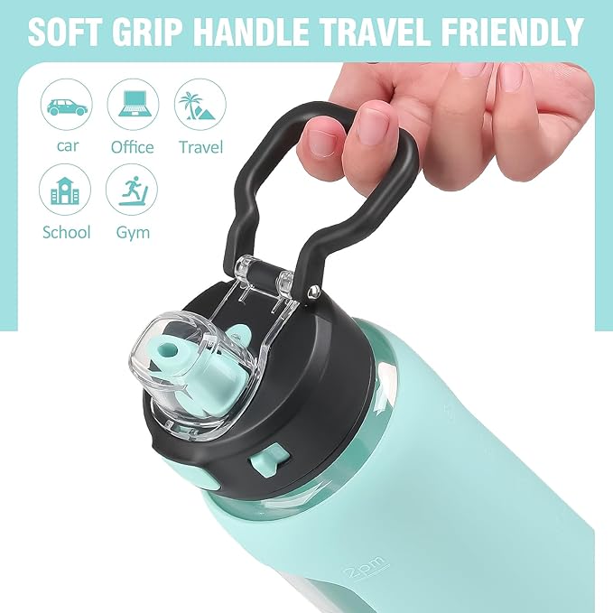 Kodrine Water Bottle with Soft Straw and Carry Loop, 32 oz Glass Water Bottle with Locking Lid, Clear Water Bottles Sports, Drinking Bottle for Travel Home Gym, Leakproof(Light Blue)