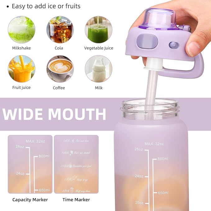 SIEROZUR 32 oz Glass Water Bottle with Straw and Handle Large Sports Motivational Water Bottle with Locking Lid and Time Marker Leakproof Water Jug for Daily Hydration Intake BPA Free