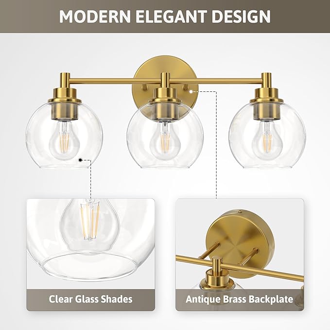 VONLUCE Bathroom Light Fixtures, 3-Light Bathroom Vanity Light with Globe Glass Shades E26 Sockets, Vanity Lights Over Mirror for Bedroom Hallway Living Room, Gold Finish