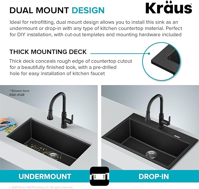 KRAUS Quarza 31-inch Granite Drop-In/Undermount Single Bowl White Kitchen Sink, KGD-412BWHITE