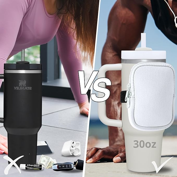 Water Bottle Pouch for Stanley Cups with 20oz 30oz 40oz Stanley Quencher Adventure & Stanley IceFlow, Gym Accessories for Women Tumbler Pouch with Strap & Zipper Cup Purse for Card Keys (White, Small)