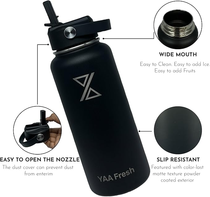 Yaa Fresh 32Oz BPA-Free 24 Hr Cold/12 Hr Hot Insulated Stainless Steel Sports Water Bottle with Straw and Lid, Food-grade Double Walled, Leakproof, Insulated Thermos, Wide Mouth for Men, Women & Kids