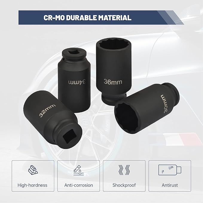 1/2" Drive 12 Point Impact Socket Set 4PCS Deep Impact Socket Set 30mm,32mm,34mm,36mm CR-MO Heavy-duty Axle Nut Socket Set with Portable Case,Black