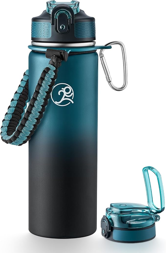 GOSWAG Insulated Sports Water Bottle, 24oz 2 Lids(with Straw/No Straw), Stainless Steel Water Bottles with Paracord Handle, Insulated Thermos with Double-Wall Vacuum Insulation