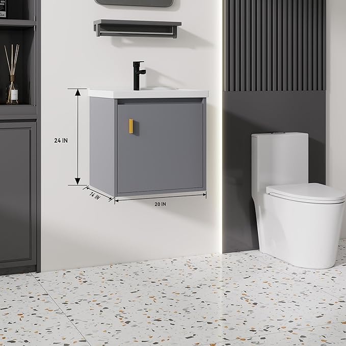 20'' Bathroom Vanity with Ceramic Sink Combo, Wall Mounted Small Bathroom Vanity with Soft-Close Door Modern Floating Cabinet, Pop-up Drain, P-Trap Included, Gray(No Faucet)