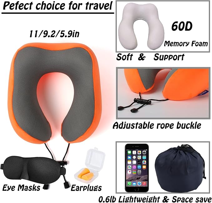 GOTDYA Travel Pillow,Travel Neck Pillows for Sleeping,100% Pure Memory Foam Soft Comfort & Support Pillow for Airplane/Car/Office&Home Rest Use-Orange