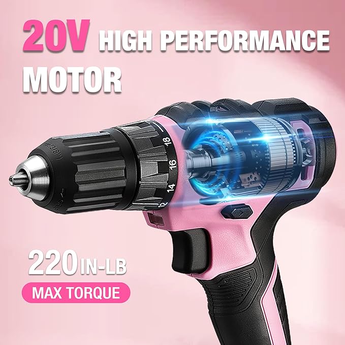 WORKPRO 20V Pink Cordless Drill Driver and Home Tool Set, 141PCS Hand Tool Kit for DIY, Home Maintenance, 2.0 Ah Li-ion Battery, 1 Hour Fast Charger, and Tool Box Included - Pink Ribbon