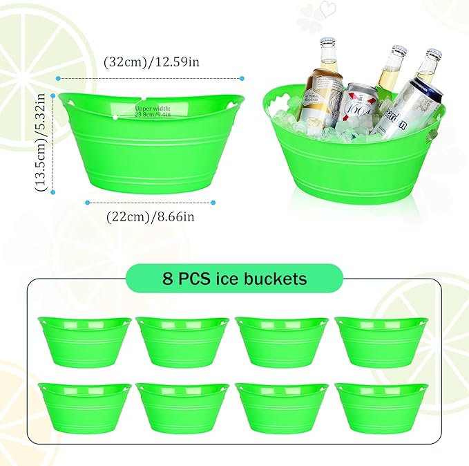8Pcs Ice Bucket, Plastic Ice Buckets for Parties, Drink Buckets with Handles Beverage Buckets Oval Storage Plastic Tub for Wine Beer Champagne Bottles, 4.3Liter (Green)