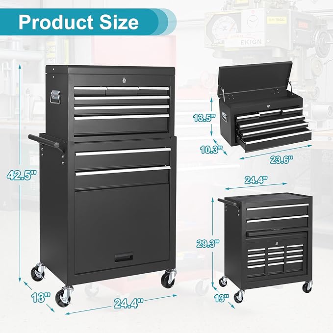 Tool Chest 8 Drawers Garage Storage Cabinet 2 in 1 Steel Frame Tool Chest with Wheels, Liner, Detachable Top, Lockable Wheels and Side Hooks for Garage, Black