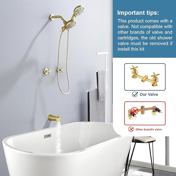 2 Handle Shower Faucet Set with Tub Spout Bathtub Shower Faucet Combo Set Shower System Complete Tub and Shower Trim Kit Brushed Gold Wall Mounted Shower Fixtures