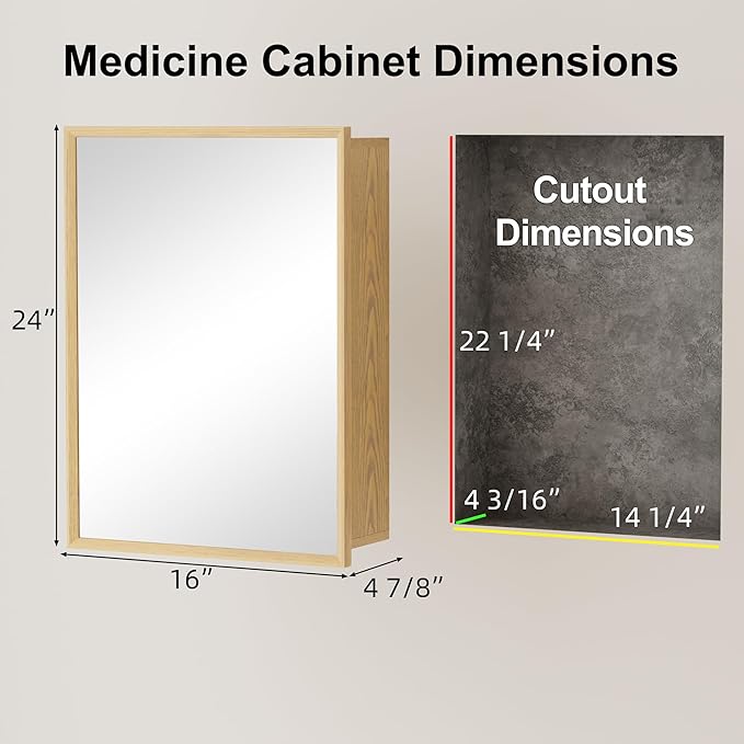 16x24 Inch Wooden Medicine Cabinet with Mirror, Surface or Recessed Mounted Bathroom Cabinets with Door, Adjustable Tempered Glass Shelves, Soft-Close Hinge, Wall Storage, Oak Wood Frame