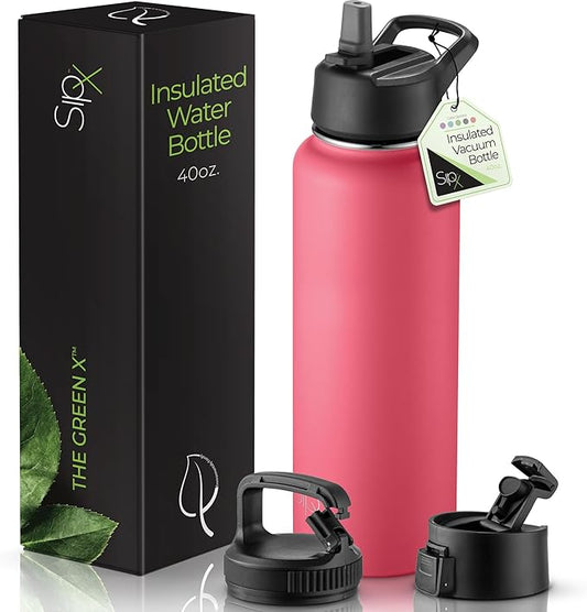 SipX™ Triple-Insulated Stainless Steel Water Bottle 40oz. With 3 Lids, BPA-Free Reusable Insulated Water Bottle Keeps Cold 24 Hours, Metal Water Bottle Made Of Sustainable Material For Hiking & Biking
