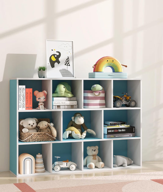 11-Cube Blue Kids Bookshelf and Toy Organizer – Wooden Storage Shelf for Boys Bedroom, Open Cube Bookcase for Toddlers and Playroom Organization