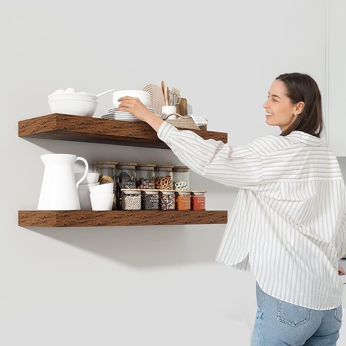 Heimlove 48" Floating Shelves for Wall,10 Deep Rustic Brown Wood Display & Storage Wall Shelves with Heavy Duty Brackets for Bathroom,Bedroom,Kitchen,Living Room,Office,Set of 2