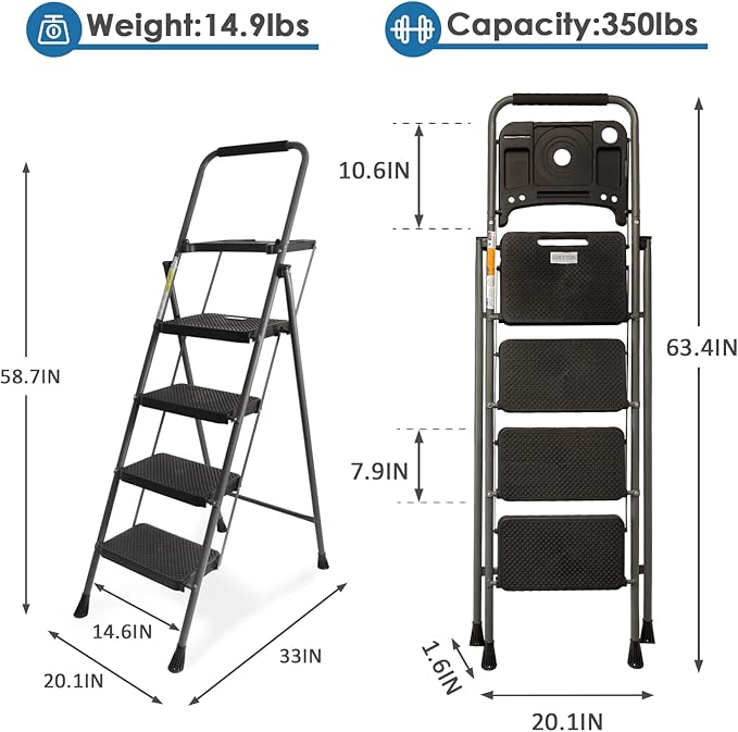 4 Step Ladder, GOLYTON Lightweight Folding 4 Step Stool with Tool Platform, Wide Anti-Slip Pedal and Convenient Handgrip, Sturdy Steel Ladder Hold Up to 350 lbs, Gray